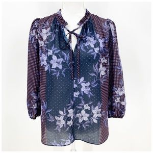 Shoshanna Mixed Floral Print Chiffon Ruffle Tie Neck 3/4 Sleeve Blouse S…